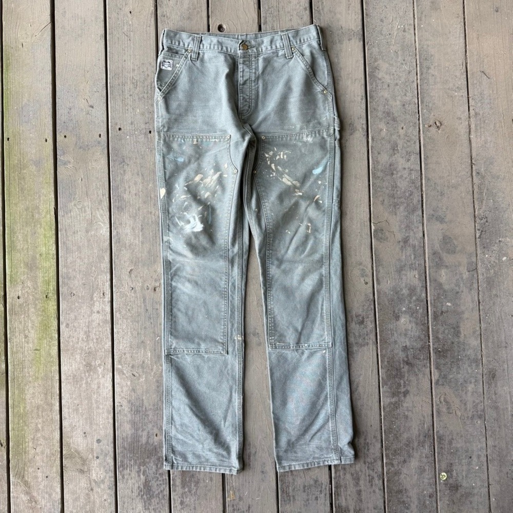 Vintage Carhartt Double Knee Carpenter Pants Moss Green Paint Splatter 32x32